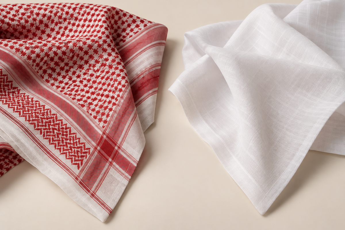 Shemagh rouge et blanc et ghutrah blanche comparés en gros plan