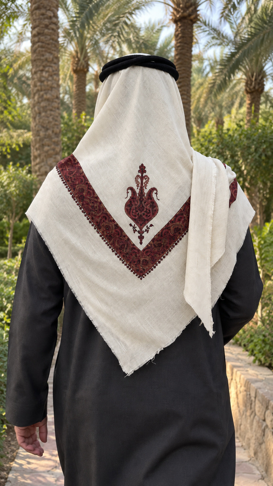 Ghutrah yéménite Al-Haybah — Ivoire · Motif bordeaux — détail textile